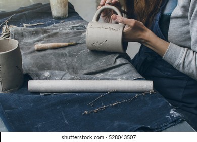 Woman Making A Cup With Clay, Ceramic Workshop