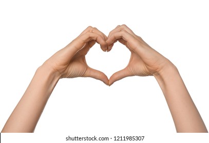 Woman making heart with her hands on white background - Shutterstock ID 1211985307