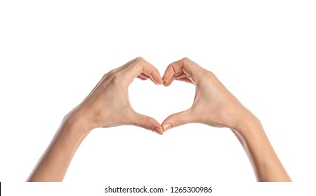 Woman Making Heart With Her Hands On White Background, Closeup