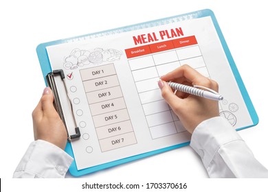 Woman making meal plan on white background