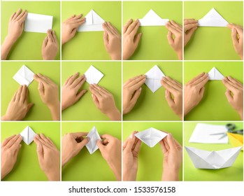 Woman Making Origami Boat Step By Step