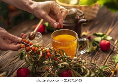 Woman Is Making A Tasty And Healthy Vitamin Tea From Fresh Sea Buckthorn Berries With Honey. Concept Of A Cozy Autumn Atmosphere And Health Care During Colds And Flu Season.