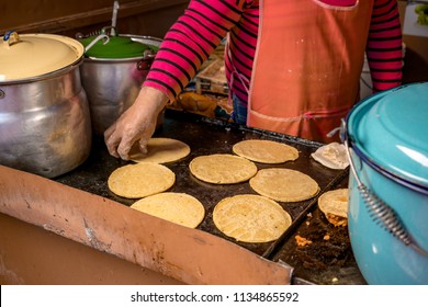 Woman Making Traditional Home Made Yellow Corn Tortillas In Northern Mexico