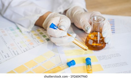 Woman making urine test with ph material in laboratory. Female hands in gloves and a flask of urine in the medical office