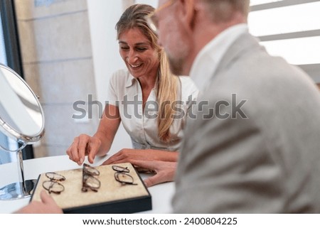 Woman and man choosing eyeglasses from a display at an optical store