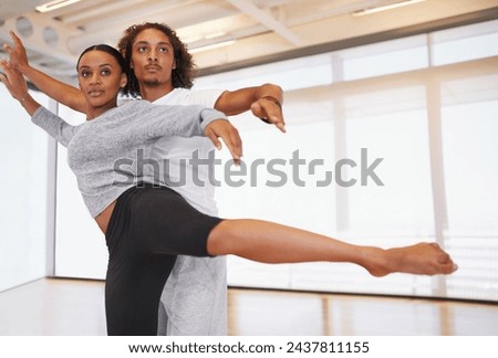 Woman, man and dancer with partner in studio for performance rehearsal with creative, balance and steps. Ballet, people and dancing with elegance, moving and training with creativity for art in class