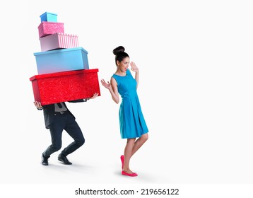 Woman And Man Going Shopping Isolated On White Background