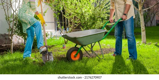 woman and man landscaping the yard and lawn - Shutterstock ID 2176270907