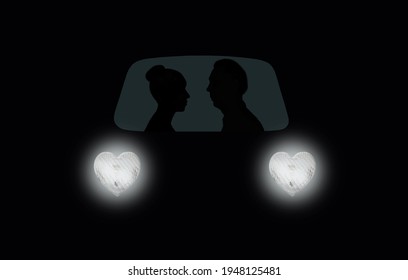 A Woman And A Man In Love Is Driving A Car On The Highway At Night. Heart Shaped Headlights. Black Background.