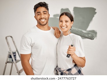 Woman, man and paint brush in portrait, diy and home improvement as painter in house for renovation. Happy couple, interior design and contractor in apartment for maintenance, decoration on property - Powered by Shutterstock