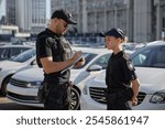 Woman and man patrol police team working on street