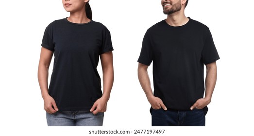 Woman and man wearing black t-shirts on white background, closeup. Collage of photos