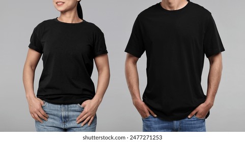 Woman and man wearing black t-shirts on grey background, closeup. Collage of photos