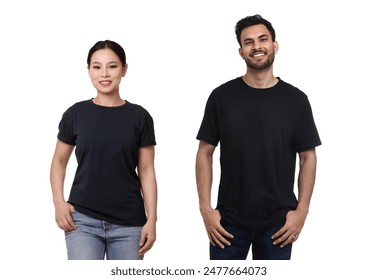 Woman and man wearing black t-shirts on white background, collage of photos