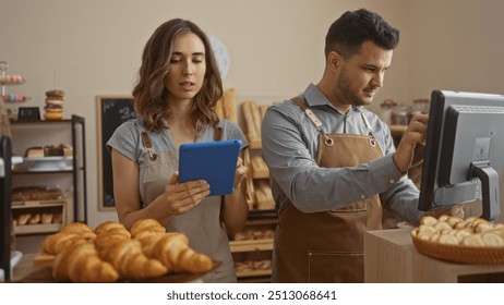 Woman and man working together in a bakery interior, focusing on tablet and cash register with bread and pastries in the foreground. - Powered by Shutterstock