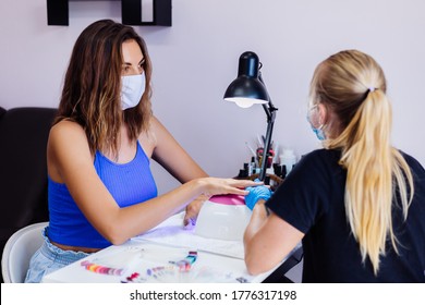 Woman And Manicure Master In Protective Medical Mask In Beauty Salon.. Manicure Procedure, Nail Care Grand Opening! Quarantine Is Over. Small Businessess Are Open Again.
