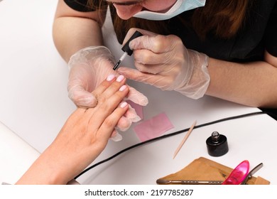 Woman Manicurist Master In Gloves Is Applying Top Coat On Pink Gel On Client's Nails In Beauty Salon, Hands Closeup. Manicure Nail Paint. Nail Polish. Hygiene Care About Nails. Beauty Procedure