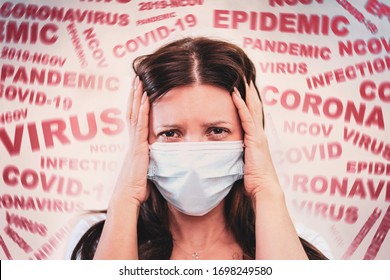 a woman with a mask on his face, scared by the news of the coronavirus covid-2019. Panic situation. Fear of getting sick. concept of the spread of coronavirus. The patient is scared covid 19. - Shutterstock ID 1698249580