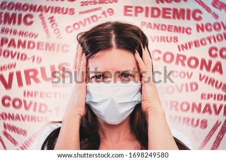 a woman with a mask on his face, scared by the news of the coronavirus covid-2019. Panic situation. Fear of getting sick. concept of the spread of coronavirus. The patient is scared covid 19. Stock photo © 