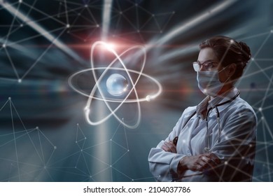 A woman in a mask in uniform looks at an atom on a blurred background. The concept of innovative technologies in the study of atoms. - Powered by Shutterstock - Get 15% off with code: PIKWIZARD15