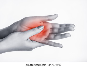 A Woman Massaging Her Painful Hand Isolated On A White Background