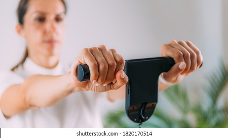 Woman Measuring Body Composition With Digital Scale Monitor