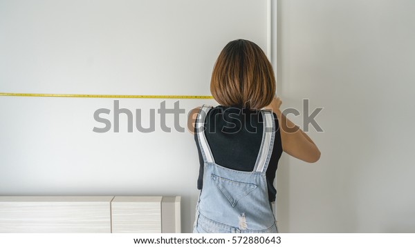 Woman Measuring Size Room Stock Photo Edit Now 572880643
