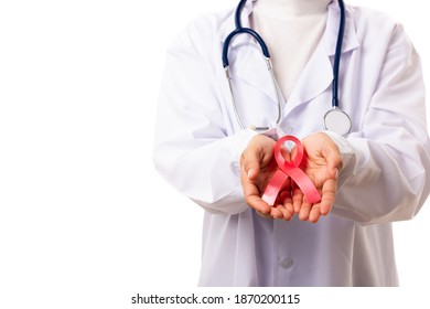 Woman medical doctors in uniform holding support HIV AIDS awareness red ribbon on hands in studio shot isolated on over white background, Healthcare and medicine, World aids day concept - Powered by Shutterstock