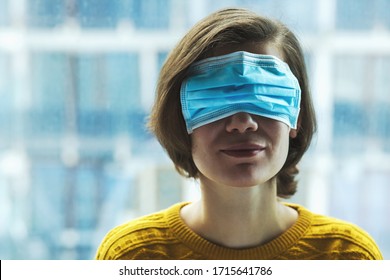 Woman In Medical Mask On Eyes. Panic, Fear, Lying Or Disinformation During Coronavirus Pandemic Concept.