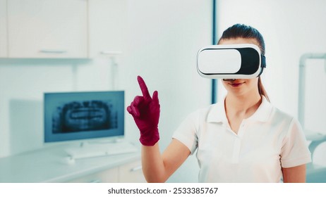 Woman in a medical office using virtual reality headset. A woman wearing a white shirt and red gloves interacts with virtual reality technology in a clinical setting. - Powered by Shutterstock