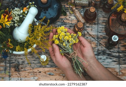 Woman with medicinal herbs and tinctures. Selective focus. Nature. - Shutterstock ID 2279162387