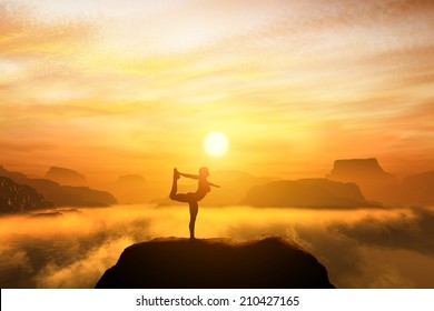 Woman meditating in the dancer yoga position on the top of a mountains above clouds at sunset. Zen, meditation, peace