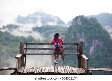 Woman Meditating Relaxing Alone Travel Healthy  Mountains Sunny Landscape On Background Outdoor