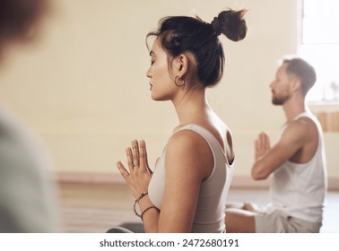 Woman, meditation and namaste in yoga class, calm and exercise for peace in studio. Female person, holistic and profile for training or mental health, spiritual awareness and zen for mindfulness - Powered by Shutterstock