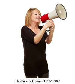 Woman With Megaphone Isolated On White Background