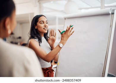 Woman, mentor and whiteboard in office for training, teaching and learning for skill or career development. People, employee and coach or leader at workshop with internship program and motivation - Powered by Shutterstock