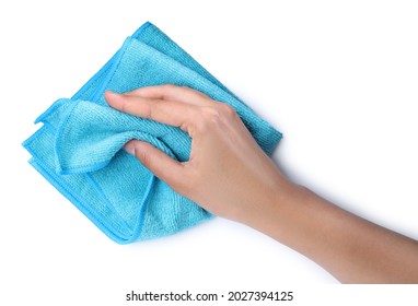 Woman With Microfiber Cloth On White Background, Closeup