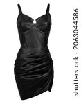 Woman mini black bodycon drapery ecoleather stylish dress isolated on white background