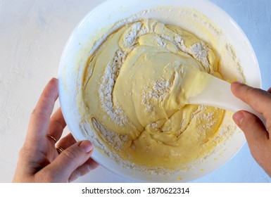 Woman Mixing Dough For Cookies. Top View.