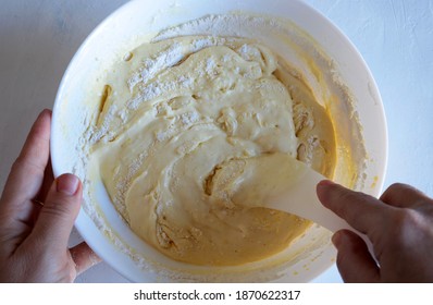 Woman Mixing Dough For Cookies. Top View.