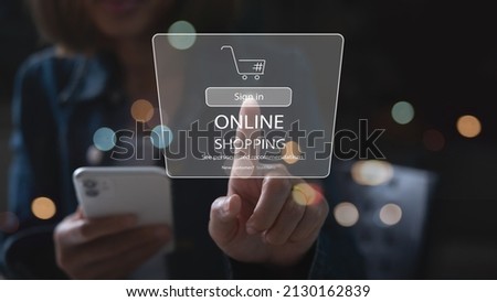 Woman with mobile smart phone. Online shopping. Women hands using smartphone and point on virtual screen for online shopping, E-commerce, global business concept
