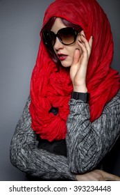 Woman Modeling Modern Persian Fashion With Head Scarf Or Hijab.  The Image Depicts Conservative Tradition Applied To Modern Progressive Fashion. 