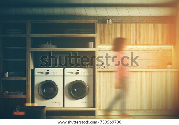 Woman Modern Laundry Room Interior White Stock Photo Edit