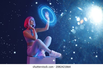 Woman in modern VR glasses interacting with network while having virtual reality experience. Augmented reality game, future technology, AI concept. VR. Holographic interface to display data. - Powered by Shutterstock