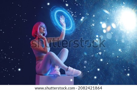 Woman in modern VR glasses interacting with network while having virtual reality experience. Augmented reality game, future technology, AI concept. VR. Holographic interface to display data.