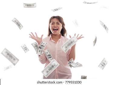 Woman Money Emotional Portrait On A White Bg