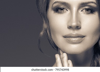 Woman Monochrome Portrait With Beautiful Hair And Beauty Skin. Black And White. Studio Shot.