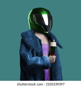 Woman With Motorcycle Helmet Dressed In Bizarre Clothing