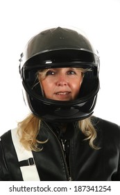 Woman Motorcyclist In Front Of White Background.