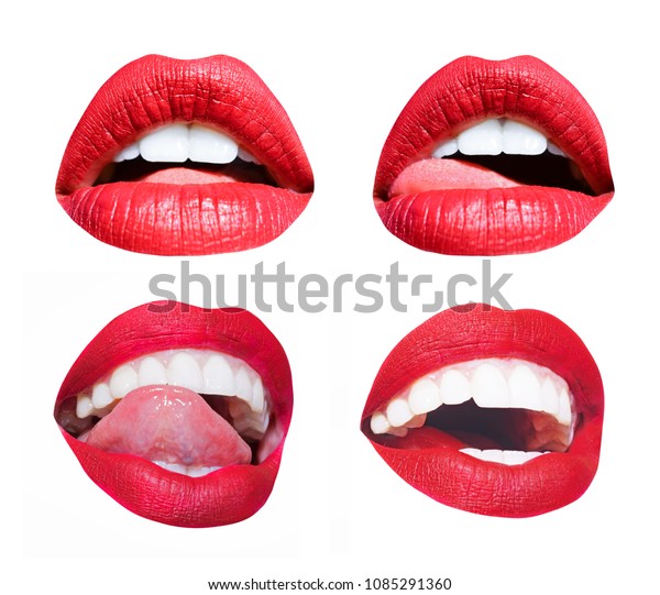 女の口 唇のセット 感情 セクシーな舌 白い唇のなめ方が違う 赤い色っぽい口紅 女の子の唇 白い背景に若い官能的な女の子 口 唇用ファッション化粧品 の写真素材 今すぐ編集